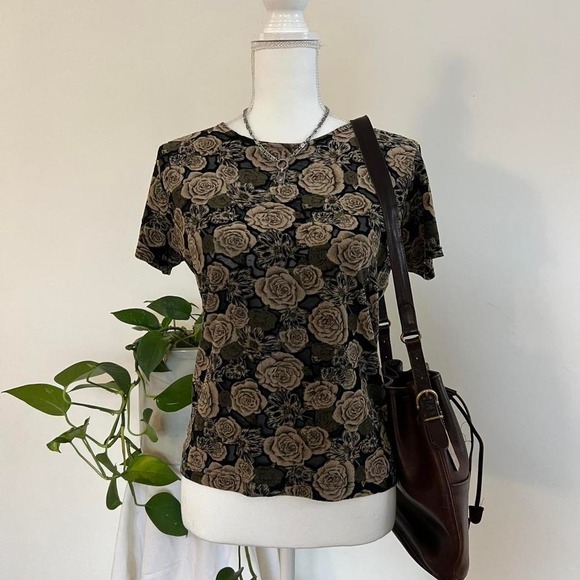 Tops - Vintage Y2K Micro-mesh Burnout Whimsygoth Black & Brown Floral Mesh Top